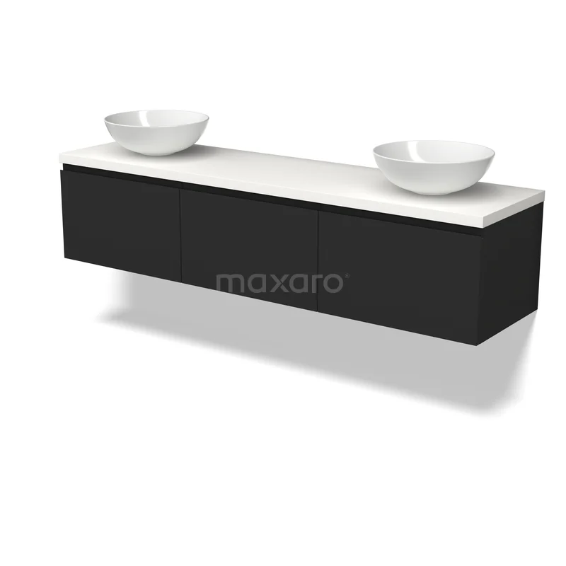 Product BMK33-00028 BMK33-00028 Schwarze Badmöbelset mit doppelten weißen Aufsatzwaschbecken, minimalistisches Design und elegant in Hochglanz verarbeitet.