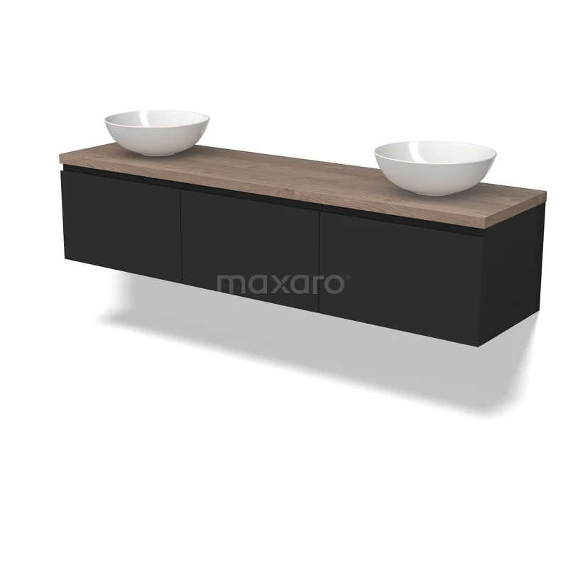 Zwevend badkamermeubel met donkergrijze kast, houten blad en twee witte waskommen, modern design voor luxe badkamers.