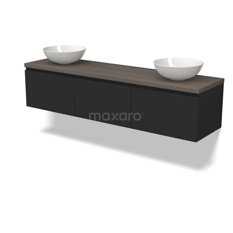 Zwevend badkamermeubel in matzwart met houtlook blad en dubbele opzetwastafel, modern design.