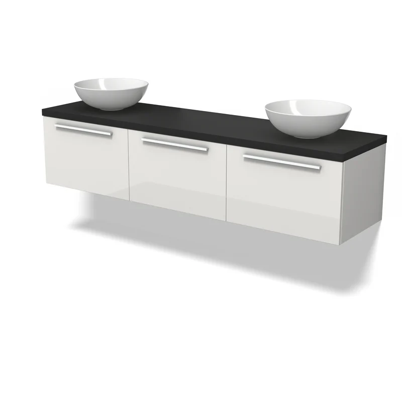 Wit hangend badkamermeubel met zwarte blad en twee wastafels, modern design, geschikt voor stijlvolle badkamerinrichting.
