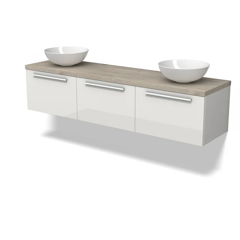 Product BMK33-00039 BMK33-00039 Wandhängendes Badezimmermöbel mit weißen Schubladen, Holzlook Platte und zwei keramischen Aufsatzwaschbecken, modernes Design.