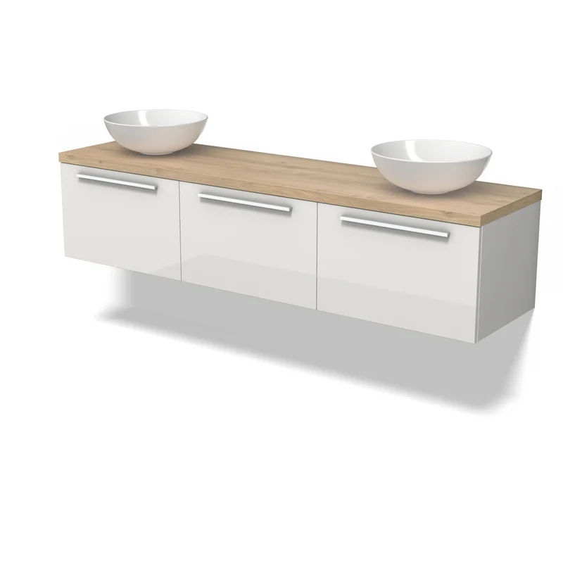 Wandhangend badkamermeubel met dubbele waskom, wit hoogglans, houtlook blad, moderne stijl, ideaal voor ruime badkamers.