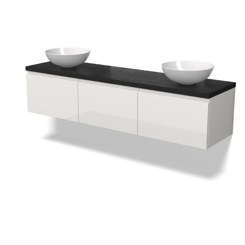 Modulo Plato Badmöbel mit Aufsatzwaschbecken | 180 cm Hochglanz Weiß Grifflos front Schwarze Eiche blatt 3 nebeneinanderliegende Schubladen BMK33-00045 Wandhängendes Badezimmermöbel, Hochglanz Weiß, Doppelwaschbecken mit schwarzem Natursteinblatt, modernes und platzsparendes Design.