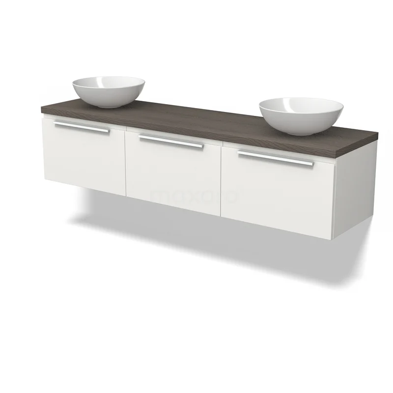 Witte badkamerkast met houtlook blad, dubbele wastafels en drie laden; modern design en ideaal voor badkameropslag.