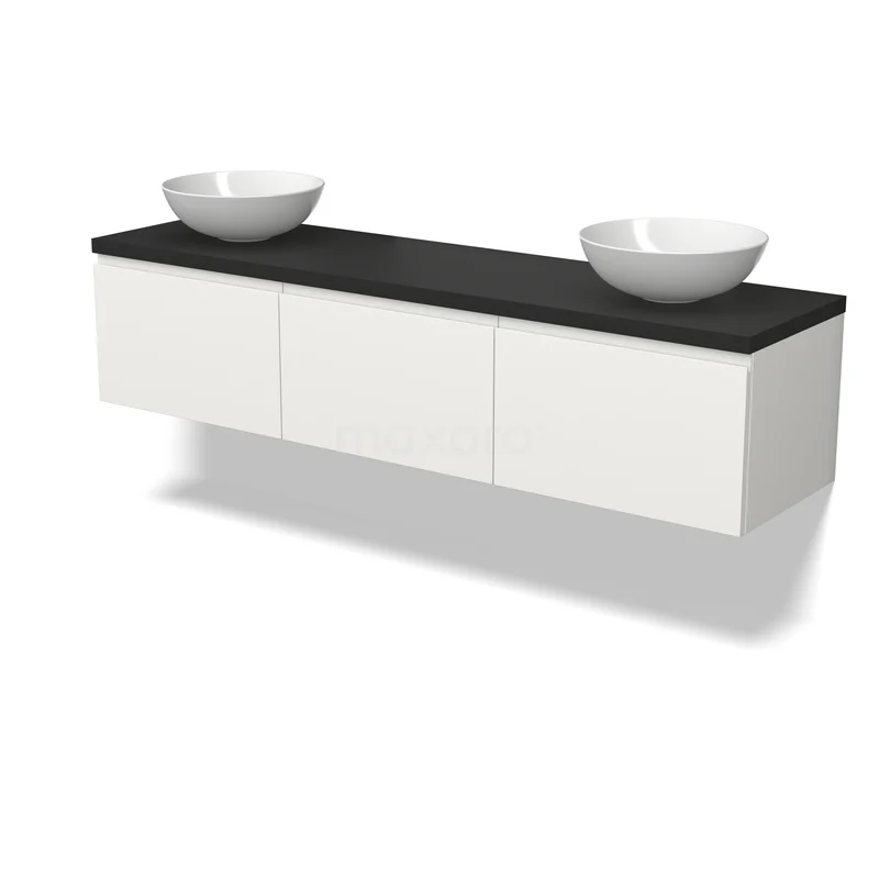 Wit badkamermeubel met zwart blad, twee ronde waskommen, minimalistisch design, ideaal voor moderne badkamerinrichtingen.