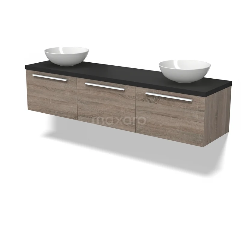 Houten badkamermeubel met zwart blad, dubbele keramische waskom en RVS-handgrepen, modern en strak design.