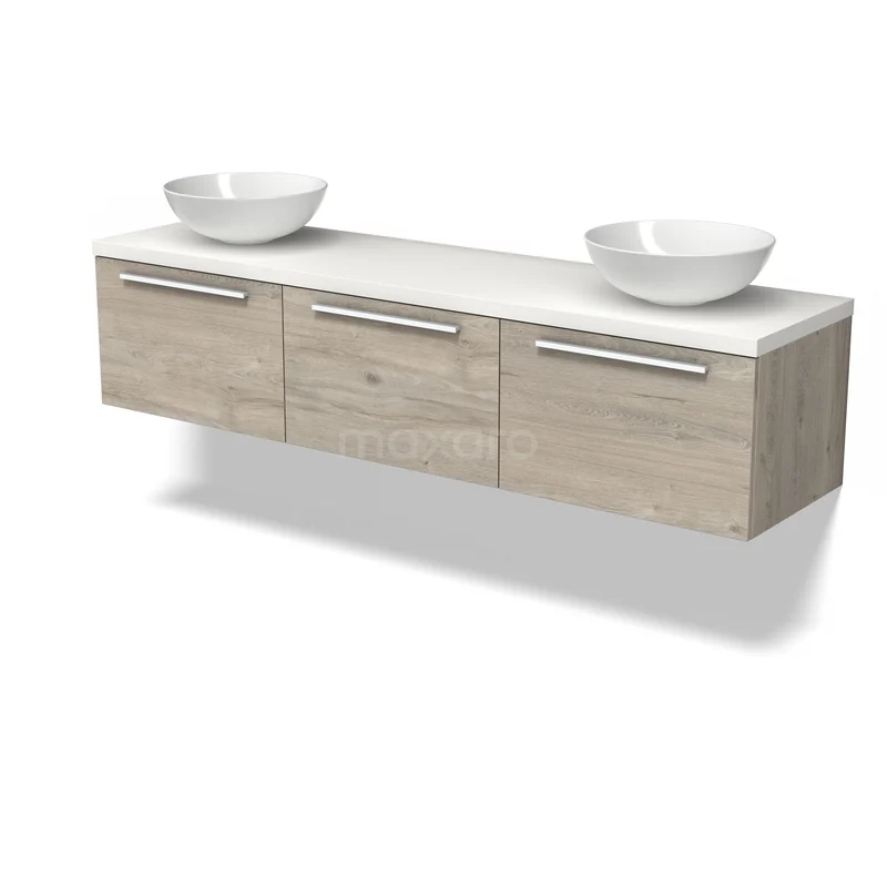 Houten badkamermeubel met wastafelkommen, licht eiken design, zwevend model uit moderne badkamercollectie.