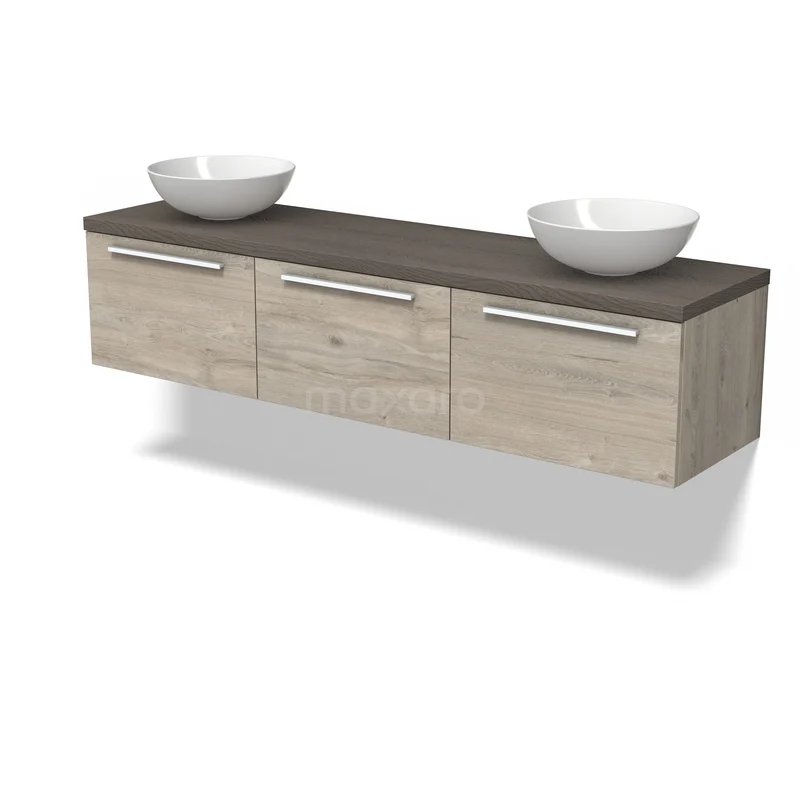 Houten badkamermeubel met drie lades, donker blad en dubbele witte waskommen, ideaal voor moderne badkamers.