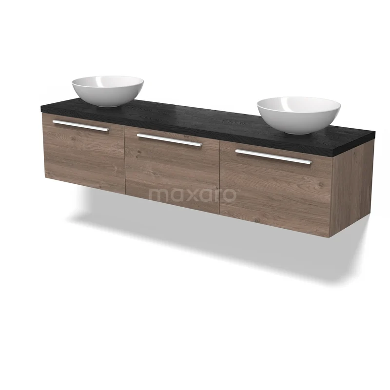 Houten badkamermeubel met donker blad, moderne dubbele wastafel en opberglades, ideaal voor een stijlvolle badkamer inrichting.