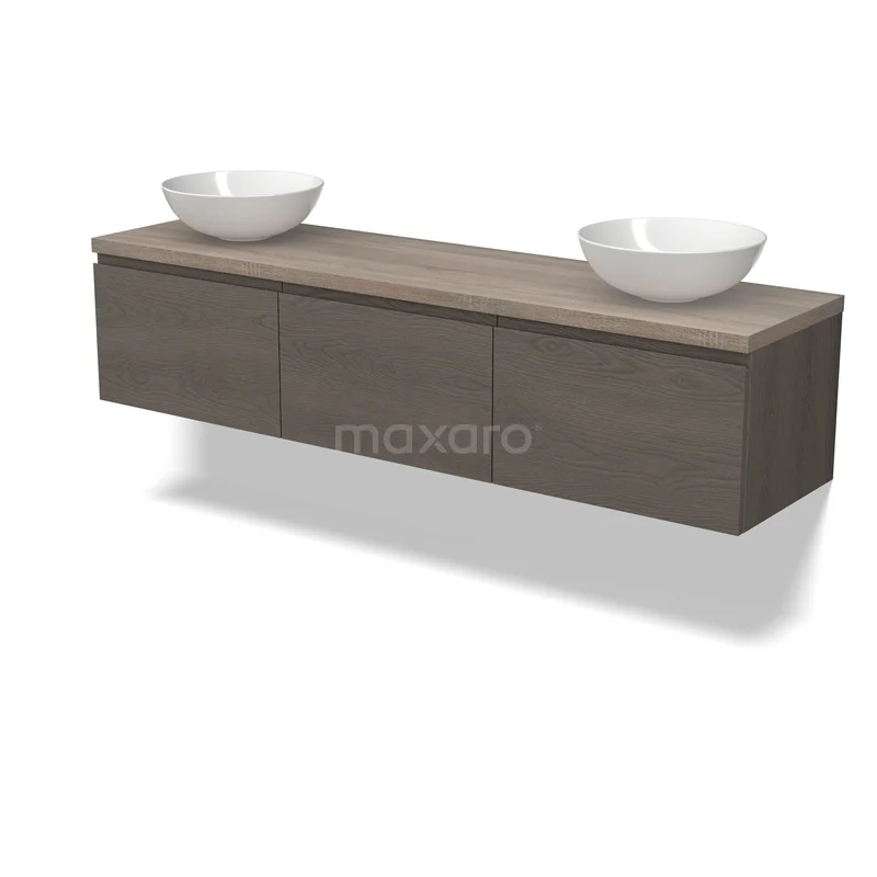 Houten badkamermeubel met dubbele waskommen, wandmontage, Scandinavisch design in licht eiken.