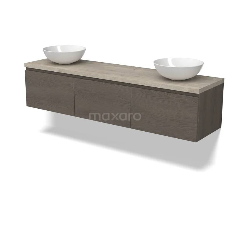 Houten zwevend badkamermeubel met twee witte komvormige wastafels, modern design, perfect voor een stijlvolle badkamer.