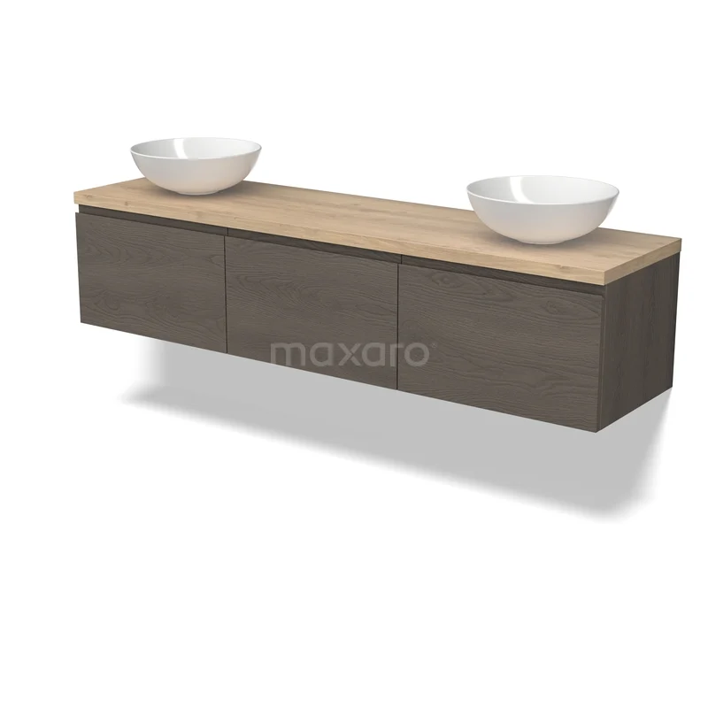 Houten badkamermeubel met dubbele witte waskommen, modern design, donkergrijze lades en zwevend montagesysteem.