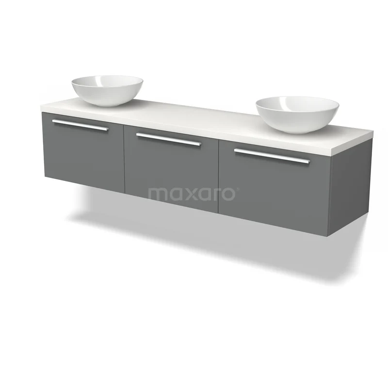 Grijze badkamermeubelset met dubbele waskommen en ladekast, modern zwevend design, hoogwaardige afwerking.