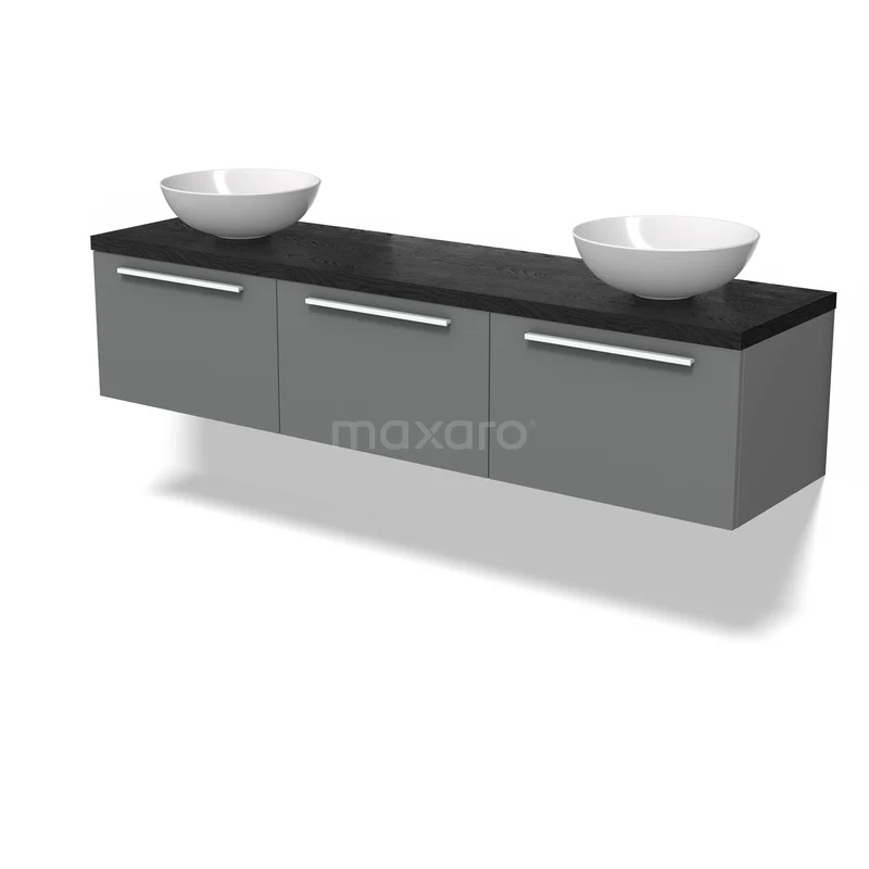 Grijze badkamermeubelset met zwart marmeren blad en dubbele witte waskommen, modern design en strakke afwerking.
