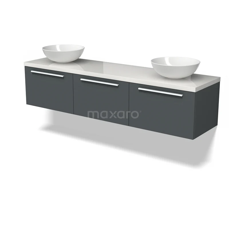 Grijze hangende badkamerkast met witte bovenplaat en twee ronde waskommen, strak ontwerp ideaal voor moderne badkamers.