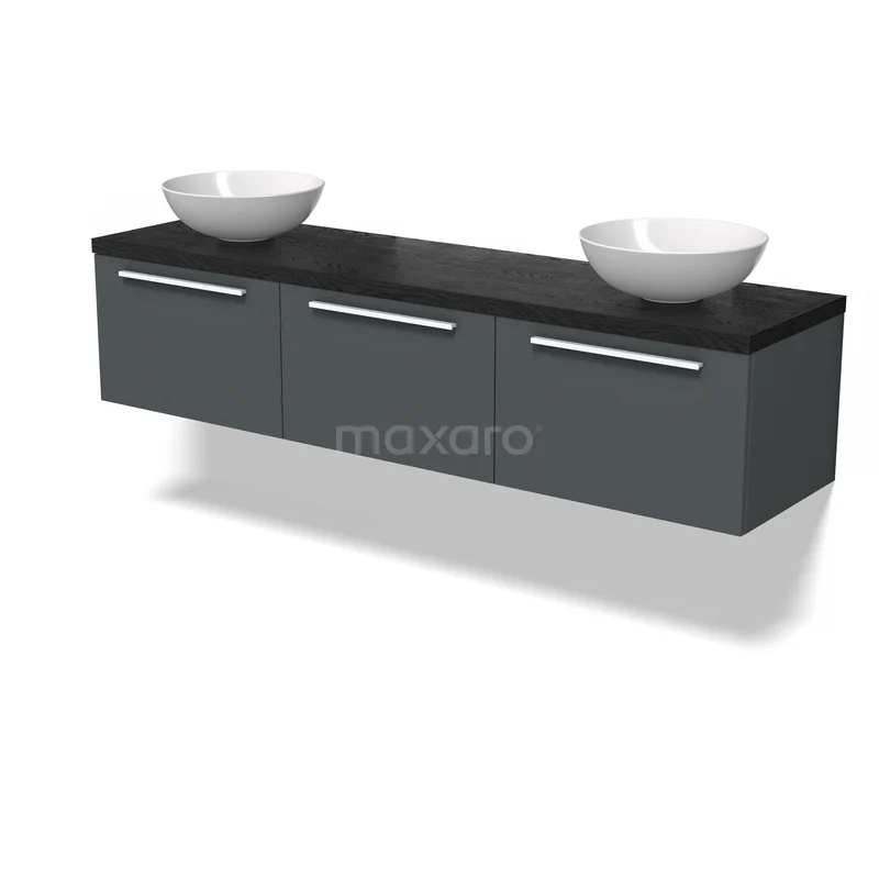 Antracietgrijze badkamermeubelset met zwart blad, drie lades en twee witte waskommen; modern ontwerp voor stijlvolle badkamers.