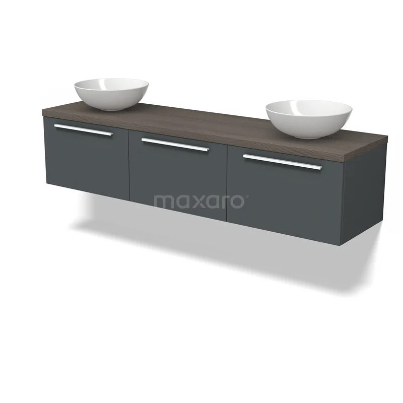 Grijze hangende badkamermeubelset met drie lades, houten blad en twee witte waskommen, ideaal voor moderne badkamers.