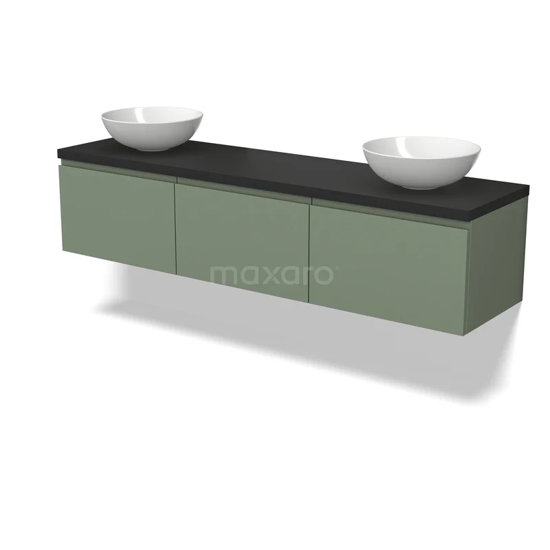 Groene zwevende badkamermeubel met zwart blad en dubbele witte waskommen, strakke moderne stijl voor luxe badkamers.