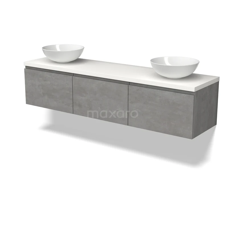 Product BMK33-00246 BMK33-00246 Grauer hängender Badschrank mit Betonlook-Oberfläche, doppelte weiße Waschbecken und integrierte Schubladen.