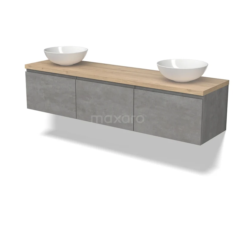 Grijs badkamermeubel met een houten blad, dubbele waskommen, en strakke wandmontage, ideaal voor een moderne badkamer.