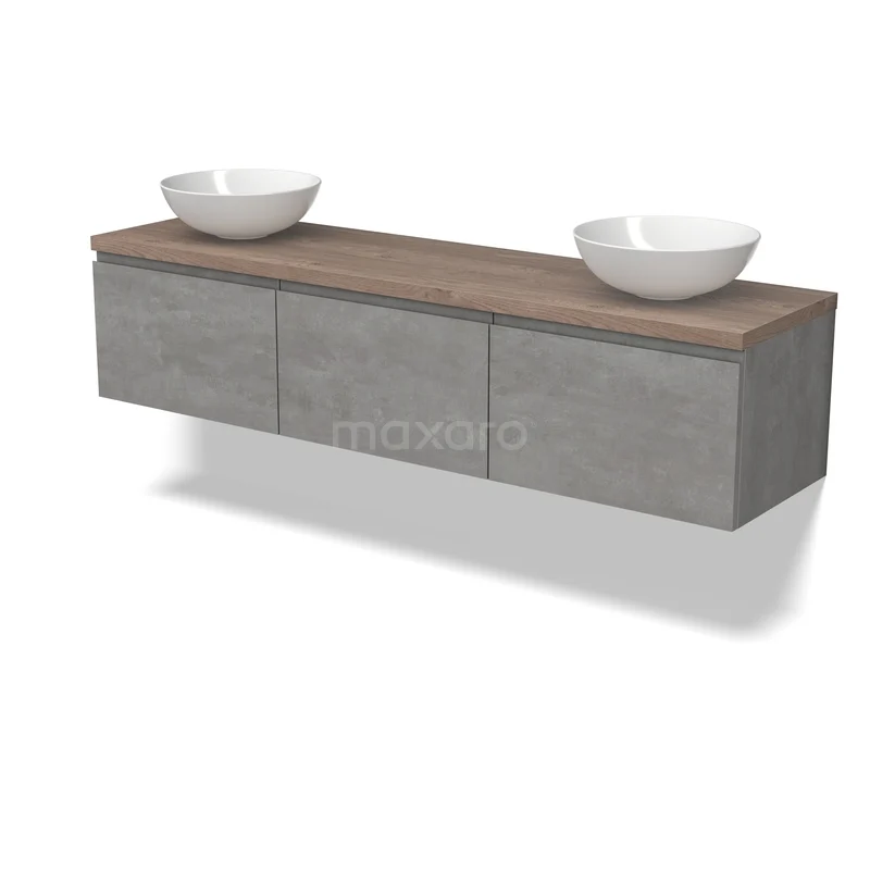 Modern grijs badkamermeubel met houtlook bovenblad en dubbele witte waskommen, strak design voor een stijlvolle badkamer.