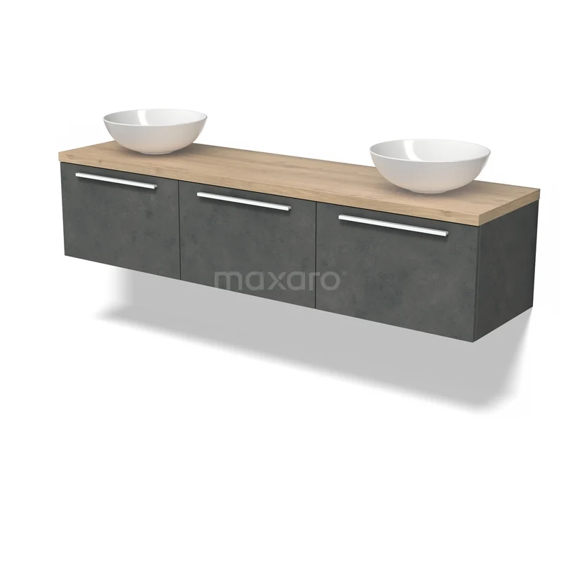 Badkamermeubel grijs betonlook met houten blad, drie lades en twee witte waskommen, modern design.