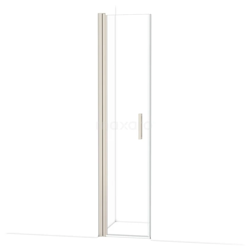 Transparante glazen douchedeur met zilverkleurig profiel en minimalistisch handvat, ideaal voor een moderne badkamer.