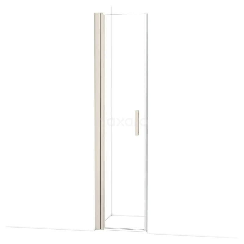 Glazen douchedeur met zilveren handgreep, strak design en mat witte omlijsting; ideaal voor een moderne badkamer.
