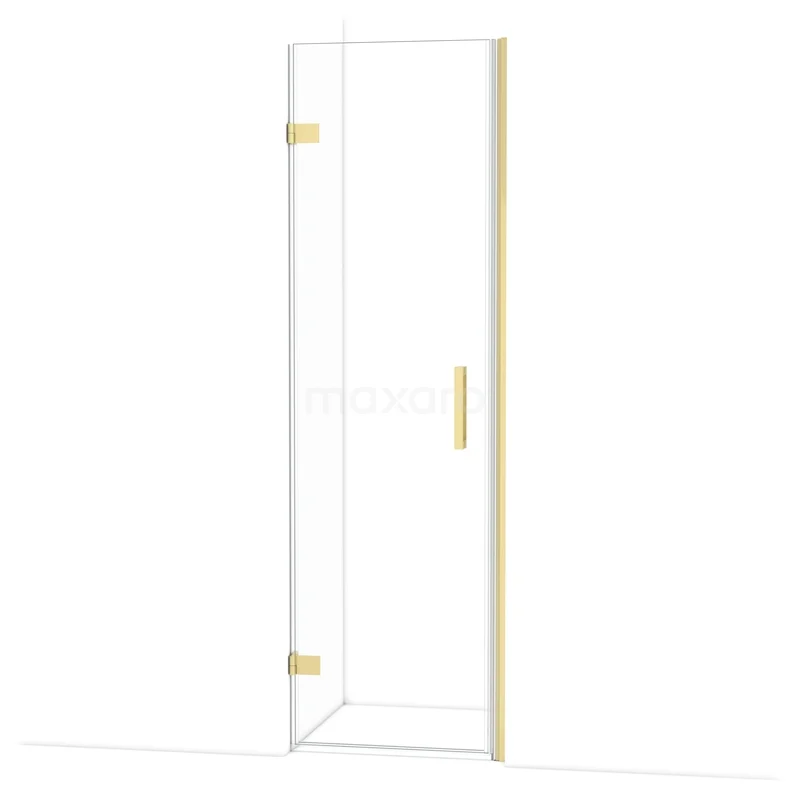 Glass shower door with gold metal accents, sleek design and ideal for modern bathrooms.