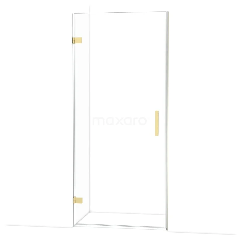 Glazen douchedeur met goudkleurige scharnieren en handgreep, strak design voor moderne badkamerinrichting.