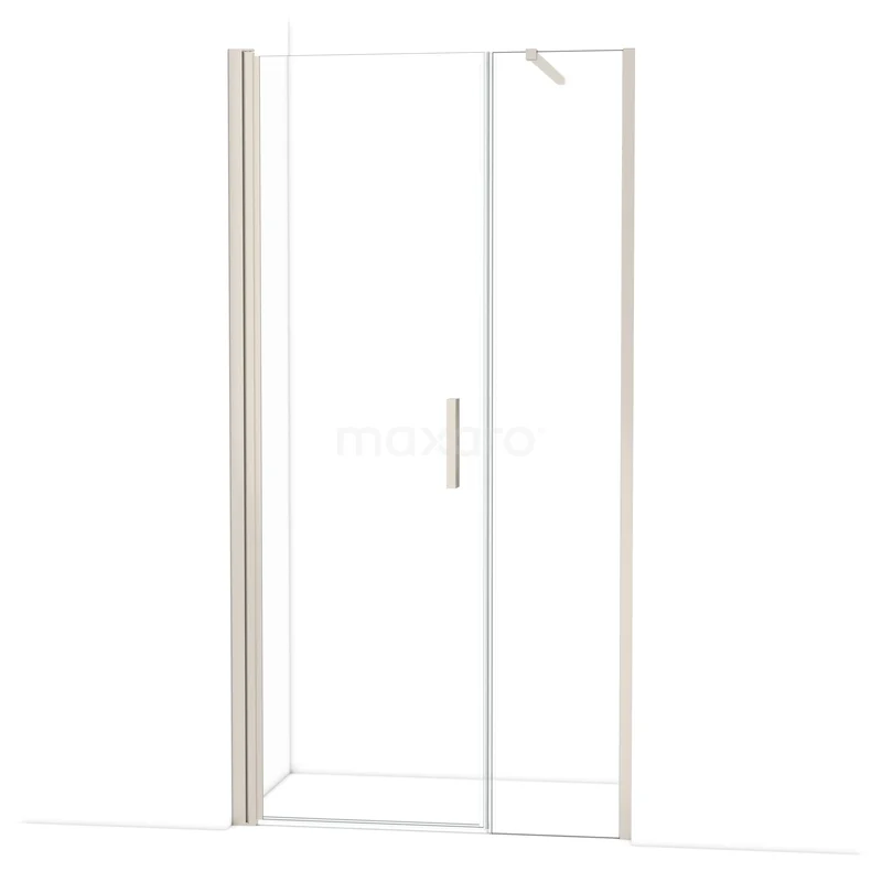 Strakke glazen douchedeur met mat witte omlijsting, ideaal voor moderne badkamers.