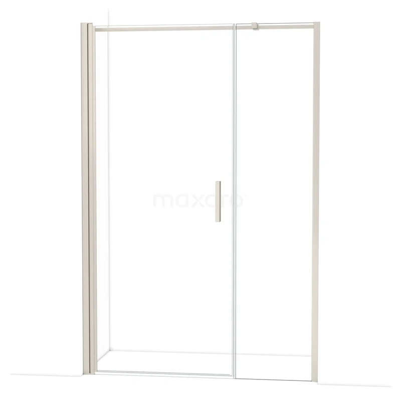 Glazen schuifdeur douchescherm met zilverkleurige rand, strak design, ideaal voor een moderne badkamer.