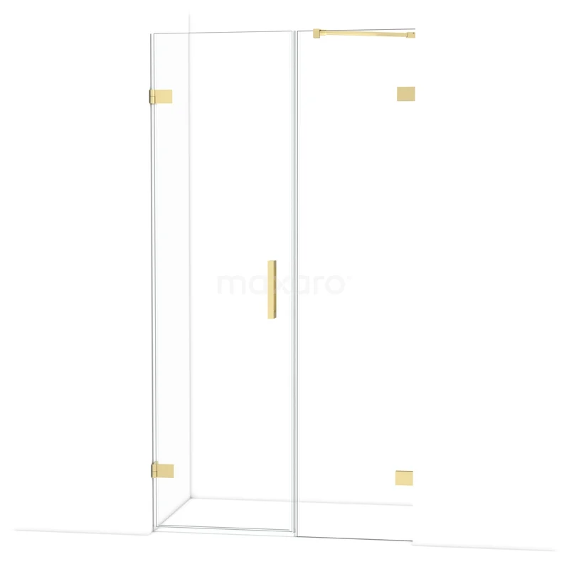 Glass shower door with gold-coloured metal hinges and handle, modern design for stylish bathroom.