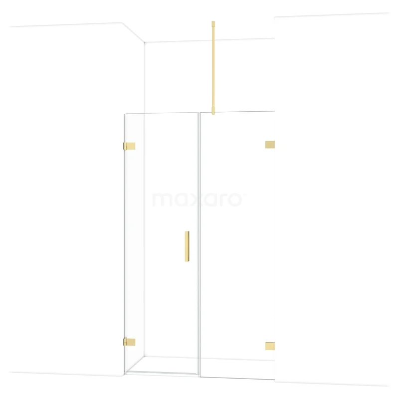 Eigentijdse glazen douchedeur met goudkleurige accenten, ideaal voor een moderne badkamer.