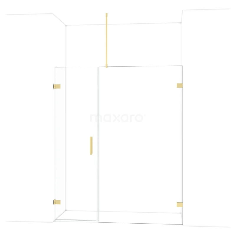 Inloopdouche met deur, goudkleurige accenten, helder glas; modern badkamerdesign uit een luxe serie.