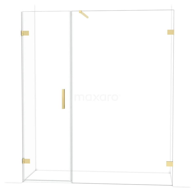 Glass shower screen with gold accents, sleek design and minimalist frame. Perfect for modern bathroom interiors.