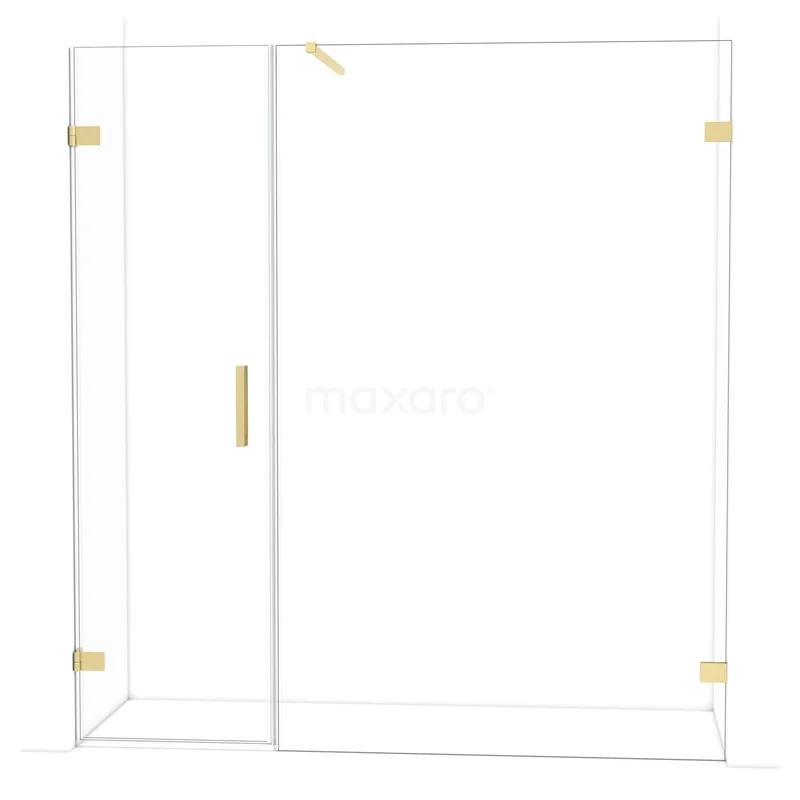 Glazen douchewand met gouden accenten, frameloos design, ideaal voor een moderne badkamer.