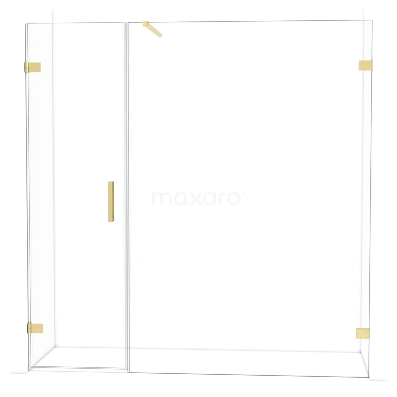 Shower screen with door, clear glass and gold hinges, stylish and modern design, ideal for luxury bathroom decoration.