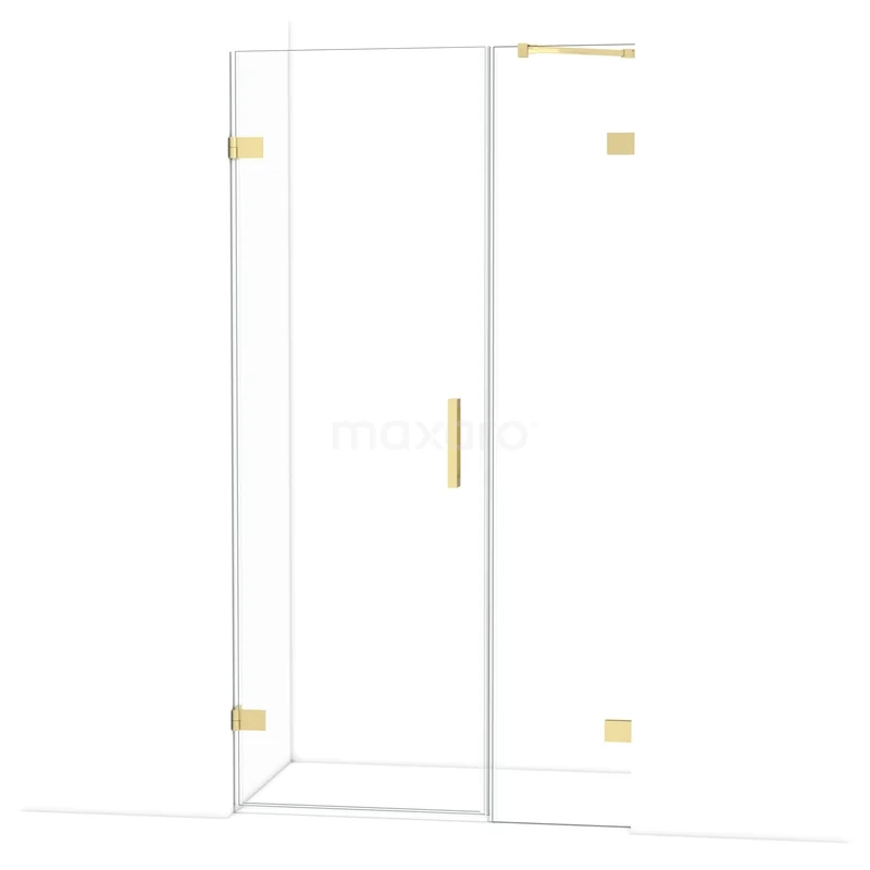 Glass shower door with gold-coloured hinges and Handle, sleek and modern design for a luxurious look in the bathroom.