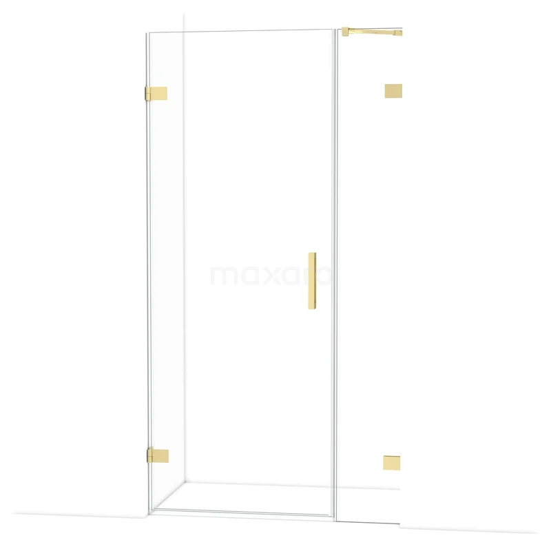 Glass shower door with gold-coloured hinges and Handle, ideal for a luxurious bathroom design.