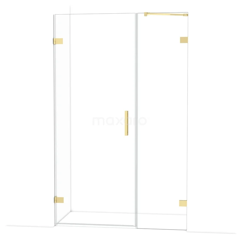 Glass shower door with gold details, modern design, perfect for a luxurious bathroom interior.