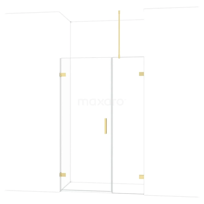 Glass shower door with gold accents, minimalist design; ideal for a modern bathroom.