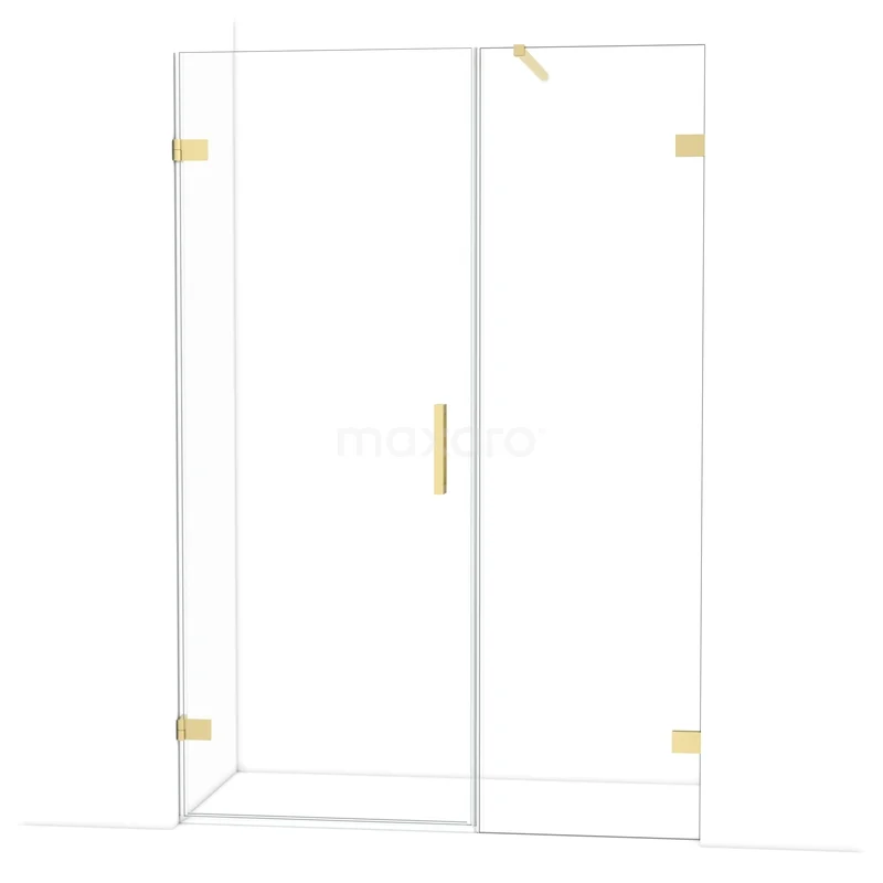Glazen douchedeur met goudkleurige scharnieren en handgreep, moderne badkamerstijl, transparant ontwerp voor luxe uitstraling.