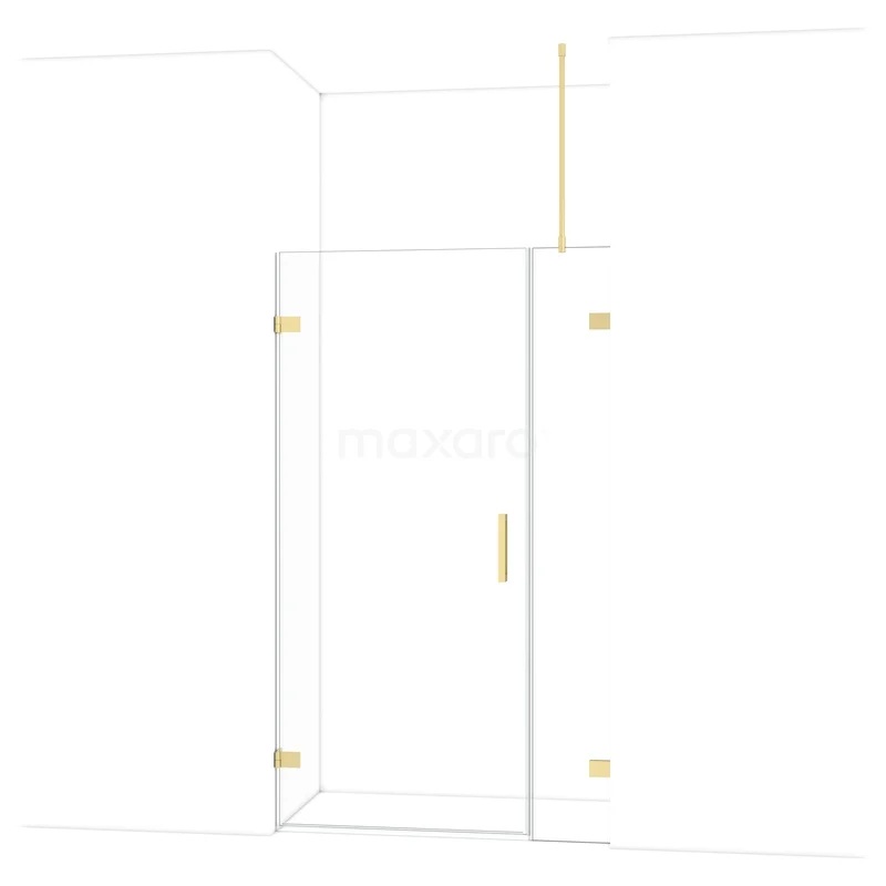 Glass shower door with gold-coloured hinges, modern design, ideal for stylish bathroom decoration.