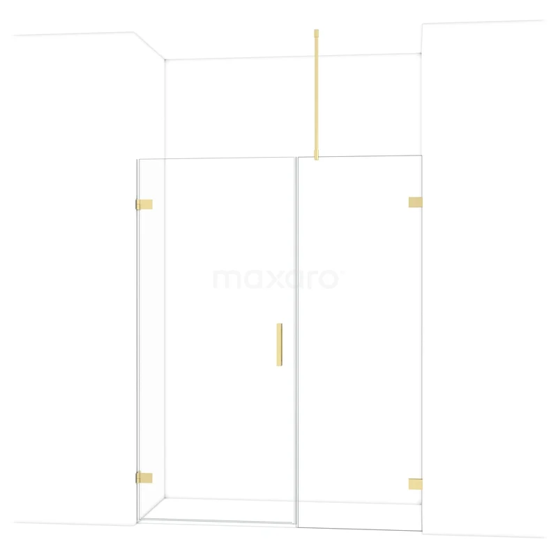 Glass shower door with gold hinges, minimalist design, ideal for modern bathrooms.