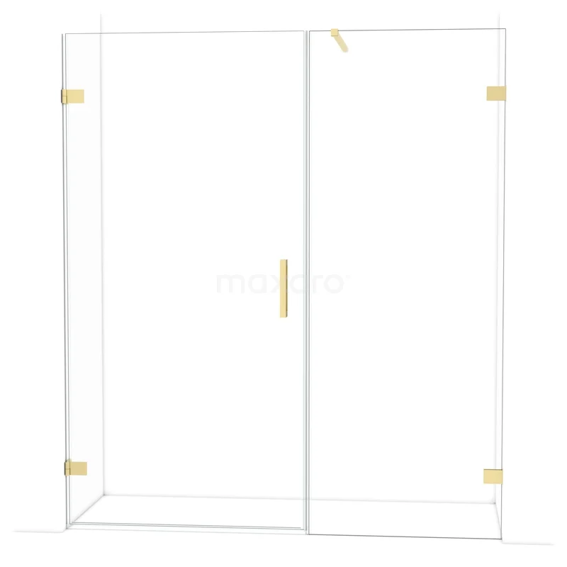 Glazen douchewand met gouden scharnieren, minimalistisch ontwerp, ideaal voor een moderne badkamer.