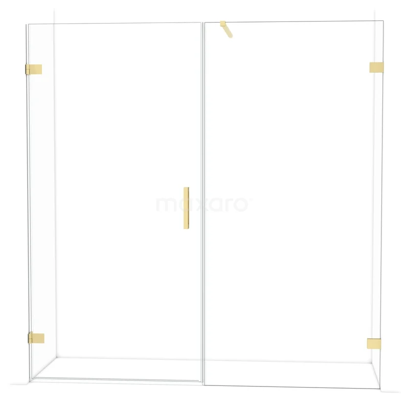 Glazen douchedeur met gouden scharnieren en handgreep, modern strak ontwerp, ideaal voor luxe badkamerinrichting.