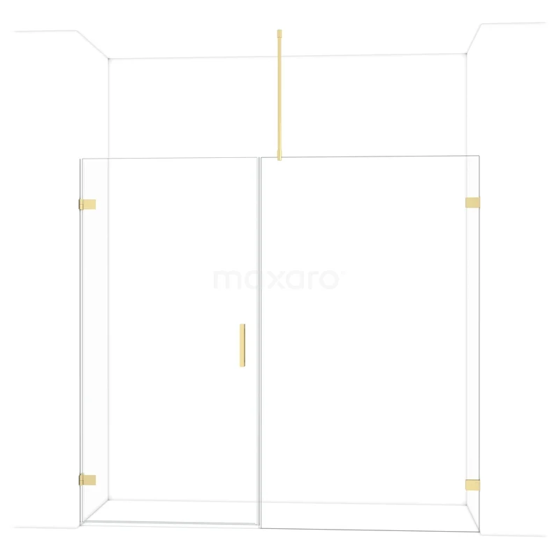 Diamond Douchedeur | 215 cm Lichtgoud Helder glas Draaideur DDC211012720LG Goudkleurige douchewand met dubbele glazen deuren en minimalistisch design, ideaal voor een moderne badkamer.