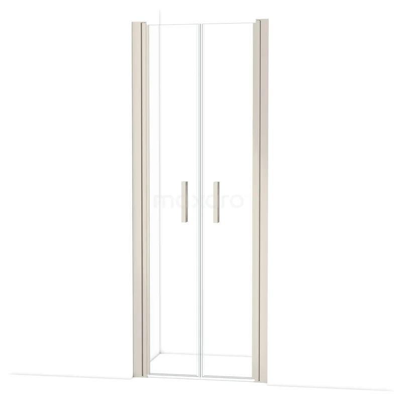 Douchedeur met dubbele draaideuren, helder glas, metallic profielen, ideaal voor een moderne badkamer.