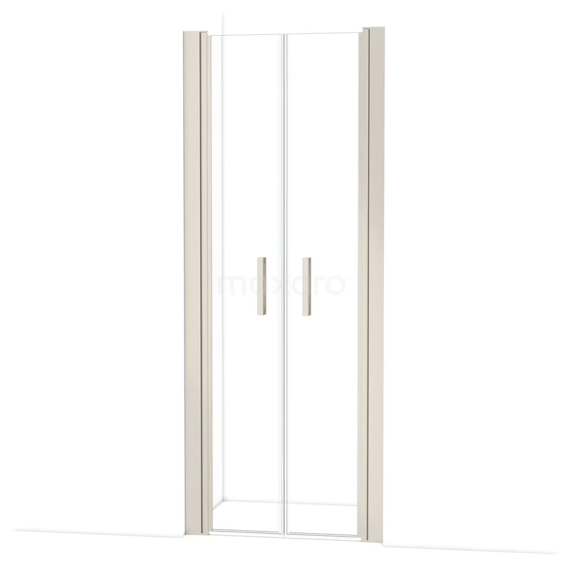 Glazen douchedeur met aluminium omlijsting, dubbele deuren met handgrepen. Elegant ontwerp voor een moderne badkamer.